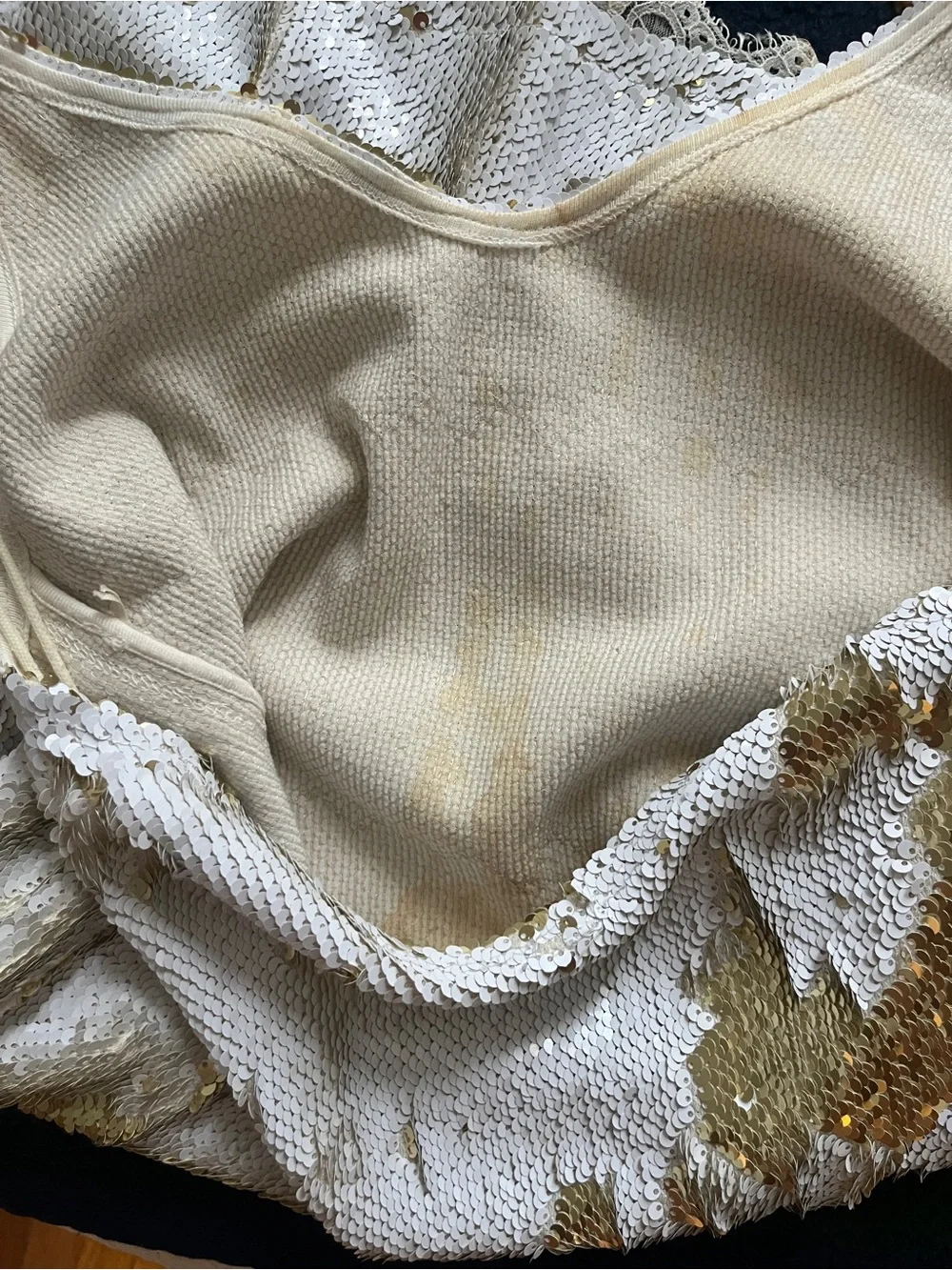 Free People White Sequin Slip Dress with Gold Accents